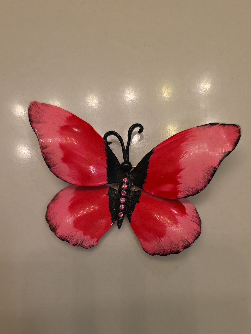 Pink Butterfly Brooch with Black Accents and Pink Rhinestones